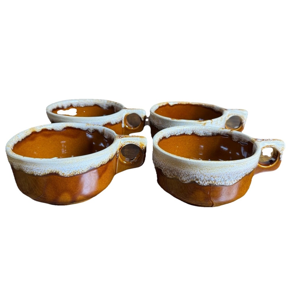 Monmouth Western Stoneware Brown Drip Pottery Soup Chili Bowl Mugs Set of 4 VTG